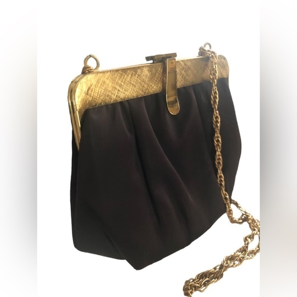 VTG Black Satin Evening Clutch Bag With Gold Chain Handle 6X6 Cocktail Hour - Picture 2 of 6